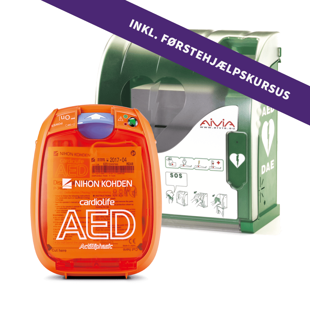 Pakketilbud: Cardiolife AED-3100 hjertestarter inkl. Aivia 200 hjertestarterskab og 4-timers førstehjælpskursus